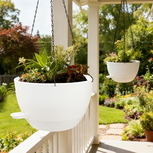 WOUSIWER Self Watering Hanging Planters, 2 Pack 12'' Plastic Pots with Drainage Holes & Reservoir Tray (White) | Indoor & Outdoor Use for Ferns, Ivy, Herbs, Succulents - color: White, size: 2 Pack 12 inches