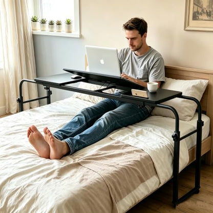 Overbed Bedside Table with Wheels Portable Rolling Laptop Desk Cart Computer Table Over The Bed Table Adjustable Height and Length with Tilt Stand Board for Bed Hospital Home and Office (Black-M) - color: Black-m