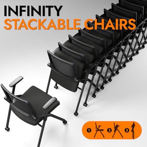 Foldable Office Chair with PU Wheels and Smooth Armrest-Ergonomic Mesh Bouncing Back, Stackable Conference Room Chair, Office Guest & Reception & Meeting Chair (Black)
