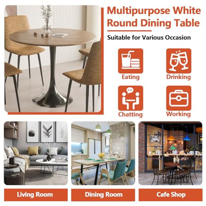 HRVEOCEI 31.5" Tulip Table, Small Round Dining Table with Thickened Tabletop & Metal Pedestal, Bistro Tables for Small Spaces Kitchen Dining Room Living Room (Walnut+Black) - color: Walnut+black