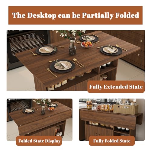 KEIKI 47 Inch Foldable Dining Table, Multi-Functional Folding Table with Storage Shelves and Wheels, Drop Leaf Extendable Dining Desk, Versatile Foldable Side Table for Kitchen, Dark Walnut - color: Drak Walnut