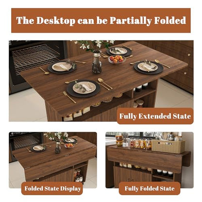 KEIKI 47 Inch Foldable Dining Table, Multi-Functional Folding Table with Storage Shelves and Wheels, Drop Leaf Extendable Dining Desk, Versatile Foldable Side Table for Kitchen, Dark Walnut - color: Drak Walnut