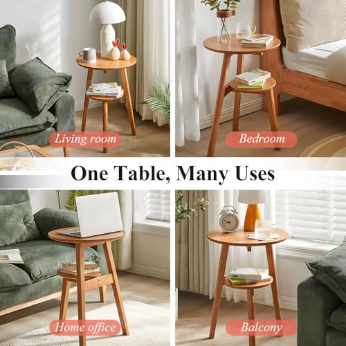 Side Table, 2-Tier Round End Tables Living Room, Mid Century Modern Side Table, Round Nightstand, Oak Accent Table, Small Round Coffee Table, 16.54" Dia.x 23.62" H(Natural) - color: Natural