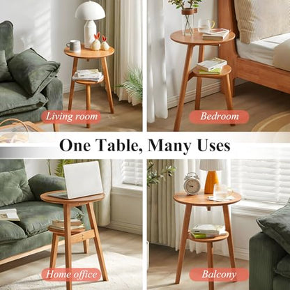 Side Table, 2-Tier Round End Tables Living Room, Mid Century Modern Side Table, Round Nightstand, Oak Accent Table, Small Round Coffee Table, 16.54" Dia.x 23.62" H(Natural) - color: Natural