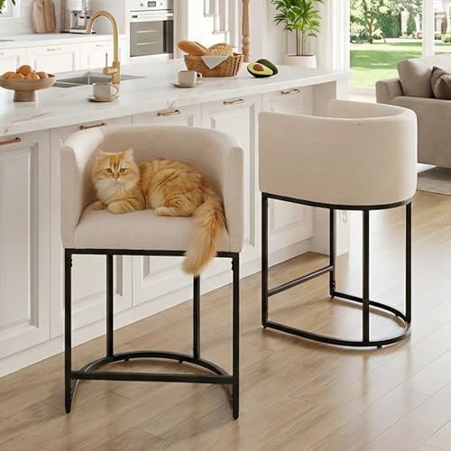 HNY Modern Counter Height Bar Stools Set of 2, 24" Linen Counter Stools with 8.5" Extra Tall Barrel Back, Black Tubular Frame, Deep Comfortable Seat Island Stools for Kitchen Counter, Home Bars, Cream - color: 24inch Cream,black Base
