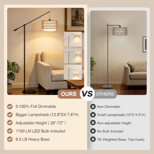 【Upgraded】Boho Arc Floor Lamp with Adjustable Swing Arm, Farmhouse Rustic Floor Lamp with Rattan & Fabric Shades, Rattan Standing Lamp with 11W Bulb, Tall Lamp for Living Room Bedroom Office, Black - color: Farmhouse-Black