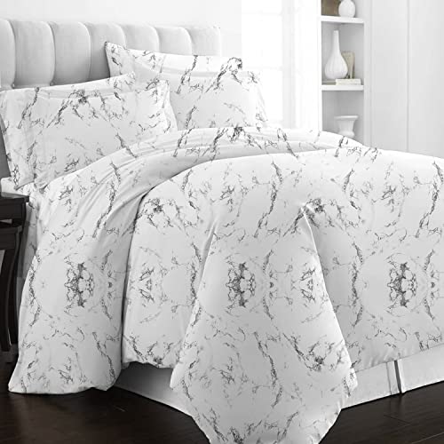 Pizuna 100% Cotton Marble Print Twin Duvet Cover Set 400TC White | Long Staple Combed Cotton Sateen Weave 2 Piece Queen Comforter Cover Set Luxurious Breathable Cooling Bedding Set - color: 04 Marble White, size: Twin