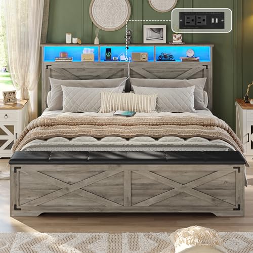 Queen Size Bed Frame with Storage Ottoman, Farmhouse Bed Frame with Charging Station and Led Light, Headboard with Storage Rack, Metal Slats, No Noise Design, No Box Spring Needed,Oak Grey - color: Oak Grey, size: Queen