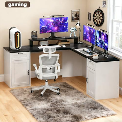 HUAHUU 78" Farmhouse L Shaped Executive Desk with Drawers, Modern Computer Desk with Power Outlets, Office Writing Desk with Monitor Stand & Storage Cabinet, Printer Shelf, Antique White - color: Black and White