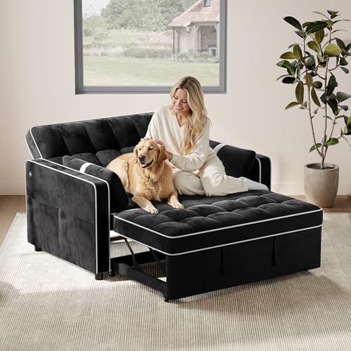 Yaheetech 3 in 1 Sofa Bed Convertible Sleeper Sofa with USB Ports, Black | Velvet Pull Out Couch Folding Loveseat Sleeper, Armrest Pillows, USB Ports, Side Pockets for Living Room Bedroom Apartment - color: Black
