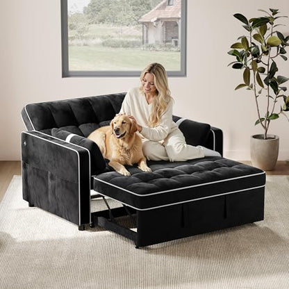 Yaheetech 3 in 1 Sofa Bed Convertible Sleeper Sofa with USB Ports, Black | Velvet Pull Out Couch Folding Loveseat Sleeper, Armrest Pillows, USB Ports, Side Pockets for Living Room Bedroom Apartment - color: Black