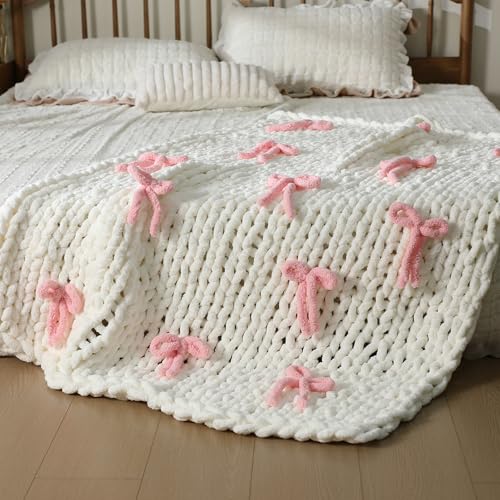 Pink Bow Chunky Knit Blanket Throw Large 50" X 60" 100% Handmade Cream Chenille Loop Yarn Fluffy Soft Knitted Throw Big Cozy Thick Cable Knit Crochet Blanket for Couch Sofa Bed
