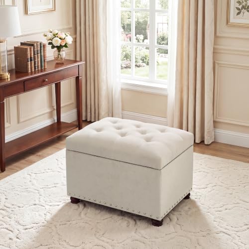 24" Ottoman with Storage,Fabric Tufted Storage Ottoman with Legs | Rectangle Upholstered Ottoman Bench Foot Stool for Living Room Bedroom Entryway,Nailhead Trim,400 lbs Capacity, Beige - color: Beige