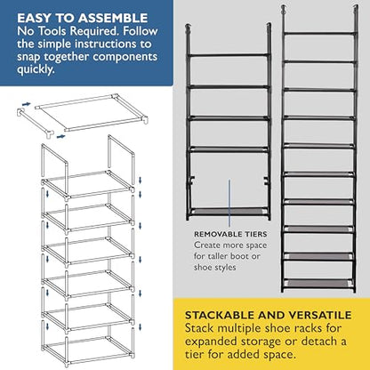Sundaze Shoe Rack - 6 Tier Tall Shoe Rack for Closet, Sturdy Stackable Shoe Organizer for Closet, Bedroom, Entryway, Garage, Non Woven Fabric Shelf, Black, Holds 12-18 Pairs - size: 6 Tier (18.3" W)