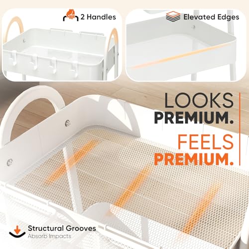 Sekey 3 Tier Rolling Cart, Hanging Cups, Hooks, Heavy Duty Mesh Rolling Storage Cart Organizer with 2 Lockable Wheels for Bathroom, Kitchen, Office, Craft, Makeup, Baby Essentials, White - color: White