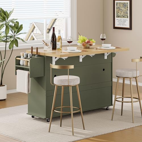 60" Kitchen Island with Power Outlet & Drop Leaf, Rolling Island with Spice Rack & Towel Rack, Kitchen Island Cart with Trash Storage Cabinet, Island Table for Kitchen, Green - color: Green