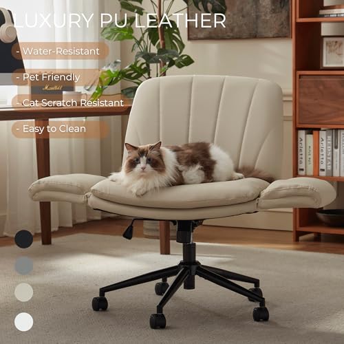 Dowinx Criss Cross Chair with Five-Level Adjustable Arms and Wheels - Comfortable Ergonomic PU Leather Swivel Vanity Chair - Computer Makeup Gaming Chair for Home Office, Bedroom, Vanity Room (Cream) - color: Cream