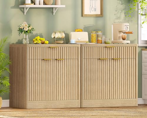 63" Fluted Buffet Sideboard Cabinet with Storage, Buffet Table Coffee Bar Wine Bar Storage Cabinet with Adjustable Shelf for Living Room, Kitchen, Natural - color: Natural- Drawer