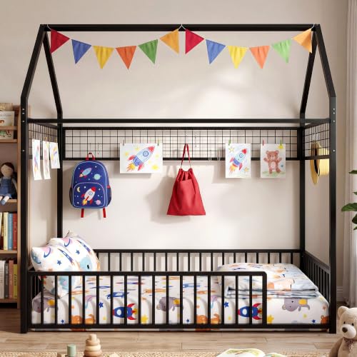 IRONCK Twin Floor Bed Frame with Fence Guardrails and Roof, Black | Metal House Bed with Hanging Mesh, No Box Spring Needed, Easy Assembly, Anti-tipping Device - color: Black