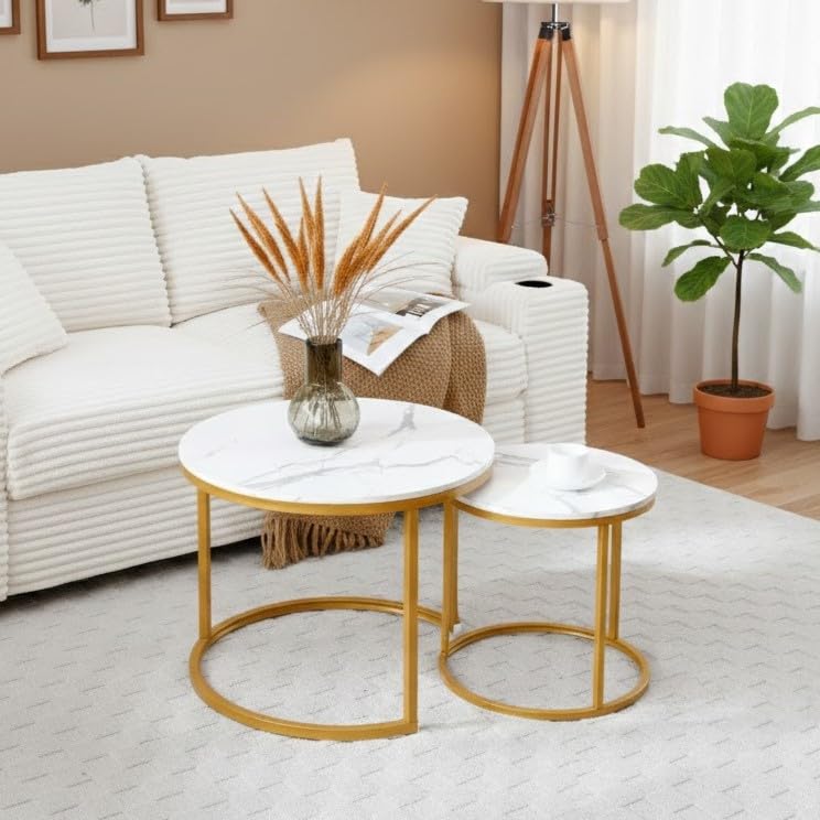 Nesting Side Tables, Coffee Table Set of 2 with Sturdy Metal Frame, Modern Industrial Simple Nightstand for Living Room Bedroom Apartment (White+Gray) - color: White+gray