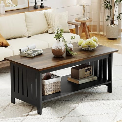 39.4" Farmhouse Coffee Table, Small Coffee Tables for Living Room | Black, 2 Tier Coffee Table with Storage, Tea Table for Living Room Bedroom Small Space - color: Black