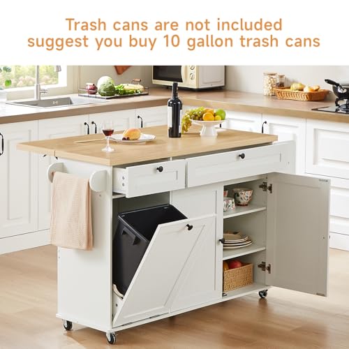 60" Kitchen Island with Power Outlet & Drop Leaf, Rolling Island with Spice Rack & Towel Rack, Kitchen Island Cart with Trash Storage Cabinet, Island Table for Kitchen, White - color: White
