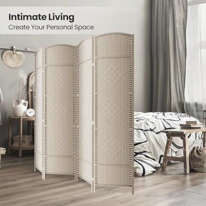 4 Panel Folding Room Divider,Woven Privacy Screen,Beige | Solid wood frame, handcrafted diamond pattern, 6FT tall, extends to 63 inches wide, no assembly required - color: Beige, size: 4-Panel