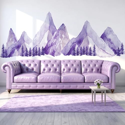 Purple Watercolor Mountain Wall Decals Peel and Stick - Scenic Mountain Pine Trees Forest, Boho Nature Landscape Vinyl Sticker for Bedroom, Nursery, Living Room - Removable Wall Mural Decor - color: Purple