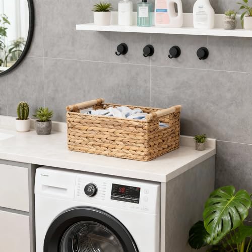 Rectangle Water hyacinth wicker storage basket Organizer(Medium) | Handwoven Shelf basket with Wooden Handles for Pantry & Closet - size: Medium