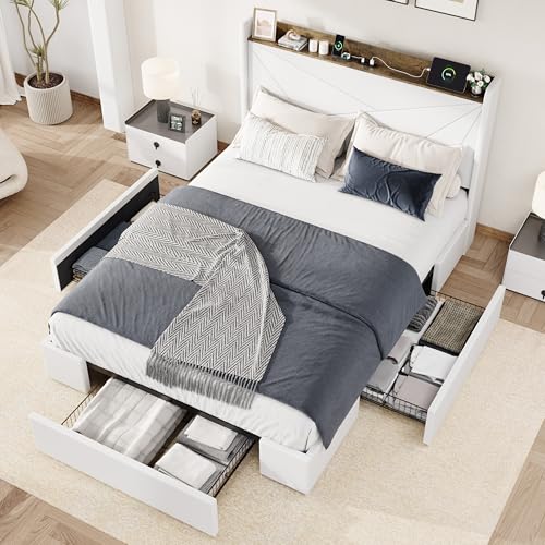 Allewie Full Size Velvet Bed Frame with Storage Drawer and USB Ports, White | 3 Large Storage Drawers, Upholstered Wingback Storage Headboard, Charging Station, No Box Spring Needed, Easy Assembly - color: White, size: Full