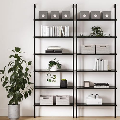 Nathan James Theo 6-Shelf Tall Bookcase, Wall Mount Bookshelf Wood Shelves and Metal Frame, Matte Black, Set of 2 - color: Black, size: Set of 2