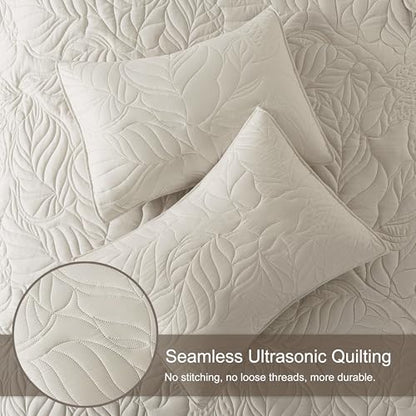 R.SHARE Beige King Size Quilt Set, Neutral Soft Lightweight Bedspread, Farmhouse Rustic Country Coverlet, Leaf Pattern Bedding with 2 Shams, 3 Pieces Spring Summer Thin Comforter - color: Beige, size: King (104"x90")
