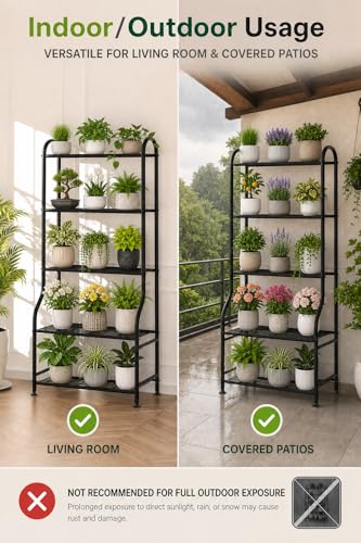 5-Tier Metal Plant Stand - Heavy Duty Indoor Outdoor Flower Shelf for Multiple Pots, 65" Tall Vertical Holder with Adjustable Leveling Feet & Wall-Fixing Kits, Black