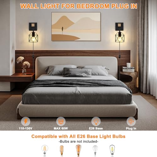 Lightess Farmhouse Plug in Wall Sconces Lamps for Bedroom Set of 2 | Easy Plug In Installation Without Wiring Work Industrial Wall Lights Metal Cage Lampshade Black Wall Mounted for Living Room - size: plug in