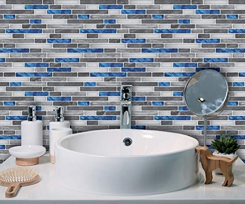 Art3d Peel & Stick Brick Kitchen Backsplash Self-Adhesive Wall Tile Stone Design, 10 Sheets, Blue Marlbe, 30 * 30cm | Moisture Resistant, Strong Adhesive, Sturdy, Cleanable, Easy to Install, for Kitchen, Laundry Room, Ideal for New Home Buyers