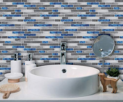 Art3d Peel & Stick Brick Kitchen Backsplash Self-Adhesive Wall Tile Stone Design, 10 Sheets, Blue Marlbe, 30 * 30cm | Moisture Resistant, Strong Adhesive, Sturdy, Cleanable, Easy to Install, for Kitchen, Laundry Room, Ideal for New Home Buyers