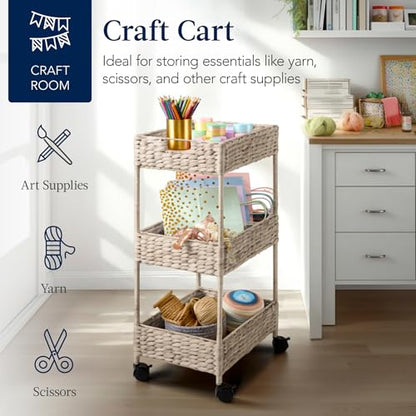 Best Choice Products 3-Tier Water Hyacinth Rolling Nursery Caddy w/Wheels, Utility Cart, Storage Organization for Bathroom, Craft Room, Laundry Room - Whitewash - color: Whitewash