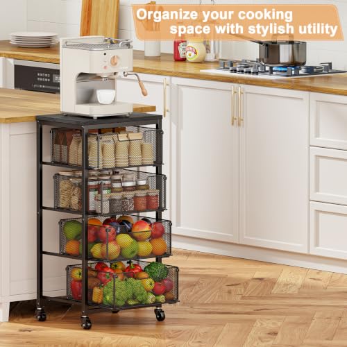 4-Tier Fruit Vegetable Storage Cart - Kitchen Organizer and Storage Cart with Wheels, Wooden Top Metal Wire Fruit Vegetable Rack Stand with Drawers to Storage Cans Snacks for Kitchen(Patent Pending) - size: 4-Tier