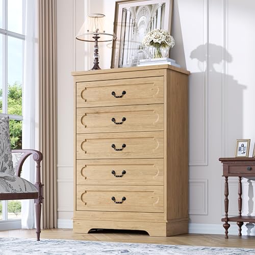 5 Drawer Dresser for Bedroom Natural Bedroom Dresser 46" Tall Wood Cabinet | Farmhouse Wooden Chest of Drawers, Rustic Wide Drawers Dressers, Hallway, Living Room - color: Natural, size: 15.7"D x 31.5"W x 46.4"H (5 Drawers)
