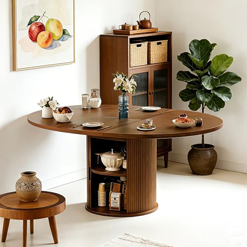 Wildhome Extendable Round Dining Table for 2-4-6, 59 Inch Dining Room Kitchen Table with 2-Tier Storage Shelf, Modern Farmhouse Fluted Wood Slide Door Dinner Furniture,Oval Circle,Walnut-59 Inch - color: Walnut-59 Inch
