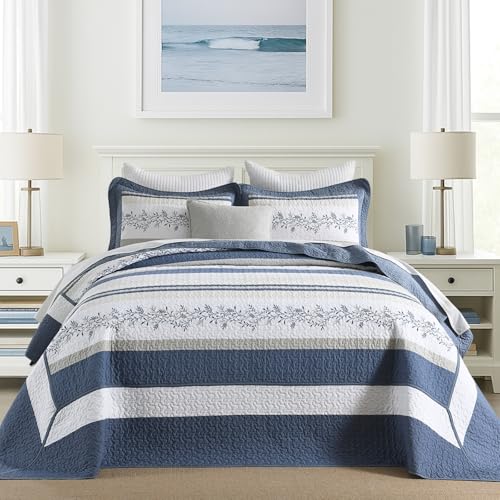 Quilta Oversized King Bedspreads 120x120 - Farmhouse Vine Striped Design California King Quilt Set, Elegant and Textured Coverlet, 3-Piece Lightweight Comforter Bedding Set, Cal King, Navy/White - color: Navy/Light Gray/White, size: King(120"x120")