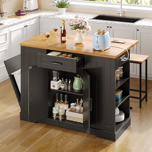 47" Kitchen Island with Seating, Stationary Island Table with Storage Include 2 Chairs, Kitchen Islands with Drop Leaf, Dining Table with Trash Cabinet & Power Outlet & Spice Rack, Black - color: Black