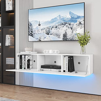 HOMMPA Floating TV Stand with LED for 65/60/55 inch TV, Modern High Gloss Wall Mounted Entertainment Center with Storage, Floor Mounted Media Console, White - color: White