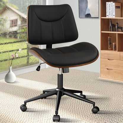CLATINA Office Chair Armless with Wheels, Mid-Century Modern Walnut Desk Chair, Adjustable Height Reading Chair, PU Leather Mid Back & Swivel Computer Chairs for Home Meeting Room Bedroom, Black(1 PK) - color: Black Linear, size: 1 Pack