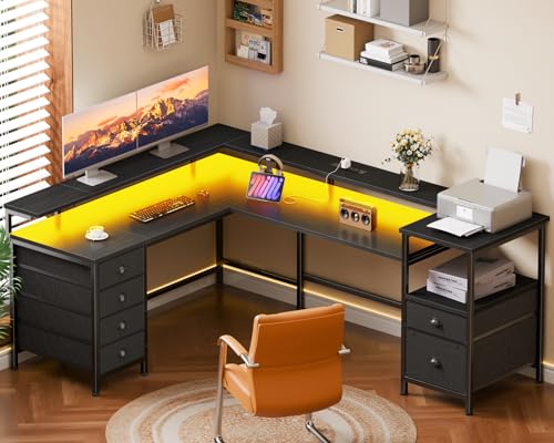 Furologee 66'' L Shaped Gaming Desk with 6 Drawers, LED, Outlets, Black | Reversible Large Corner Computer Desk with Printer Storage Shelves, LED Lights, Monitor Stand for Home Office, Working Study - color: Black