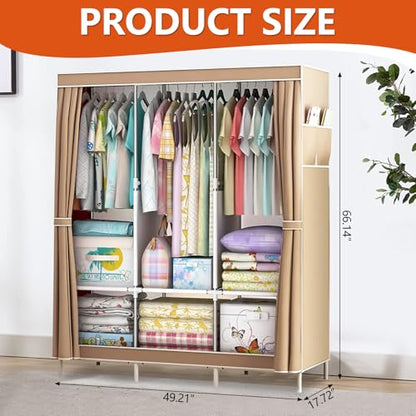 Portable Closet Wardrobe, Clothes Rail with Non-Woven Fabric Cover & 3 Hanging Rods and 6 Shelves, Clothes Storage Organizer, 16mm Diameter Steel Pipe for Bedroom and Living Room