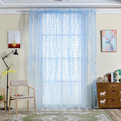 Ufurty 2pcs Willow Leaf Window Curtain Voile Tulle Vine Sheer Curtains | Room Salix Leaf Sheer Gauze Panel Drapes Green Color for Living Room, Bedroom, Balcony - color: Blue Leaf, size: 39.4"W x 78.7"L (Pack of 2)