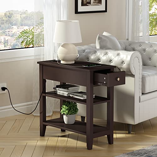ChooChoo Side Table Living Room with Charging Station and Drawer | Narrow End Table, 3-Tier Sofa End Table, Small Space, Espresso - color: Espresso