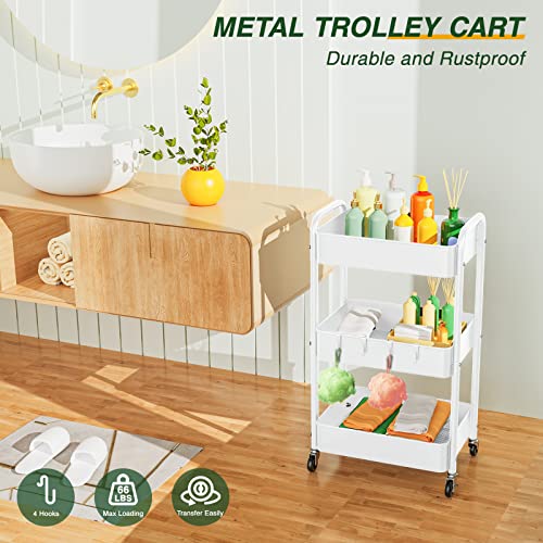 LEHOM 3 Tier Rolling Cart, Metal Rolling Utility Cart with Lockable Wheels | Multi-Functional Heavy Duty Storage Cart Organizer for Bathroom, Kitchen, Office, Living Room, Rolling Storage Trolley - color: White