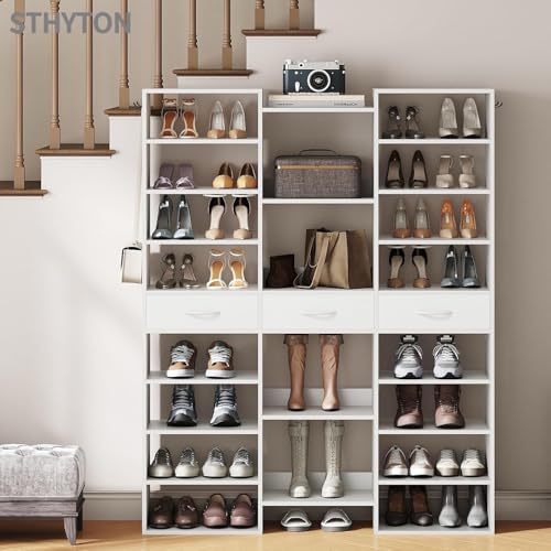 Tall Shoe Rack, 9 Tiers Large Shoe Cabinet with Fabric Drawers, Holds up to 44 Pairs, Modern Entryway Shoe Shelves Organizer with 21 Open Cubbies, Wooden Shoe Rack for Closet, Hallway, White